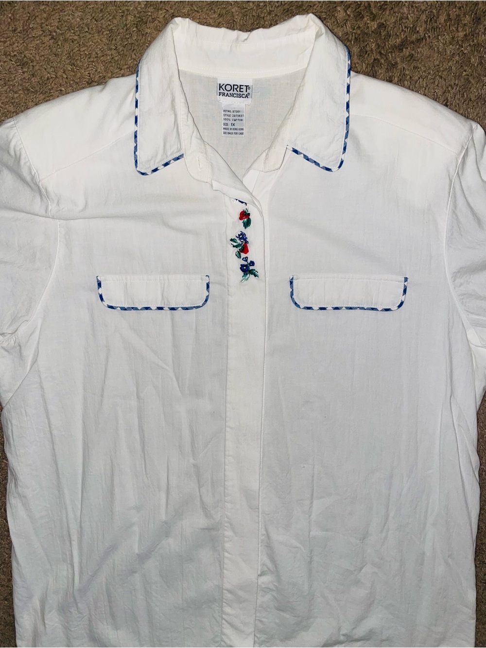 VTG 90s Koret Francisca Women’s White Embroidered Button Up Collared Shirt